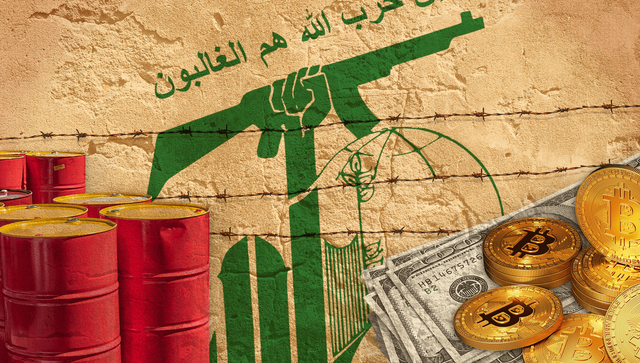 빨간색 석유통, 헤즈볼라 상징, 철조망 울타리, 미국 달러 지폐, 비트코인 등을 합성한 이미지