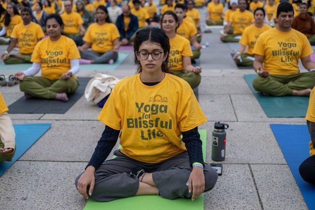 워싱턴 DC 길거리에서 열린 세계 문화 축제에서 다 함께 요가를 하고 있는 시민들