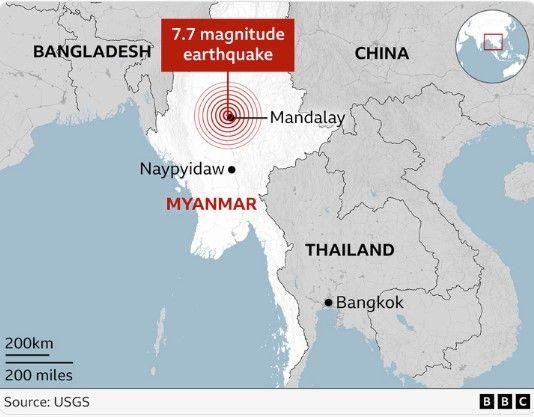 미얀마의 다른 지역과 만달레이의 위치를 표시한 지도
