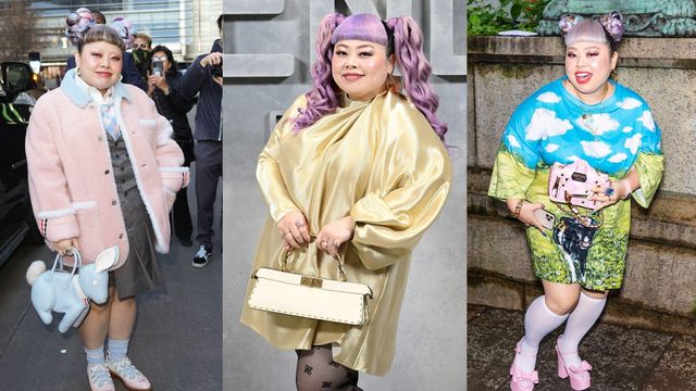 (왼쪽) 분홍색의 퍼재킷을 입고, 강아지 모양의 가방을 든 모습. (가운데) 금빛 드레스를 입은 모습. (오른쪽) 구름과 들판이 그려진 오버사이즈 티셔츠를 입고, 분홍색 하이힐을 신고 있는 모습