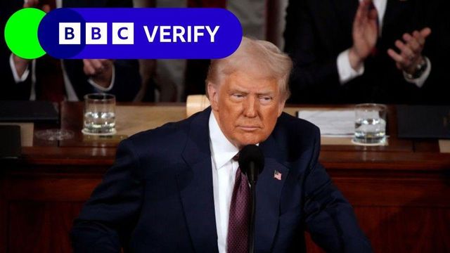 의회 연설 중인 트럼프 대통령의 모습과 화면 왼쪽 상단에 띄워진 BBC Verify 로고