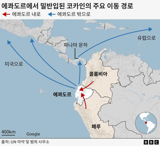 에콰도르 내외로의 주요 코카인 밀반입 경로