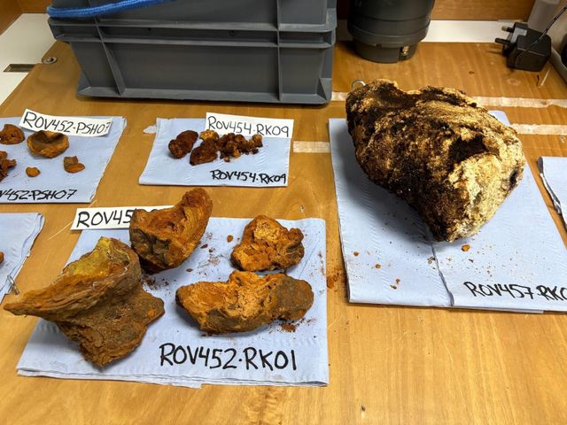 주황색, 노란색, 검은색 화산암 조각