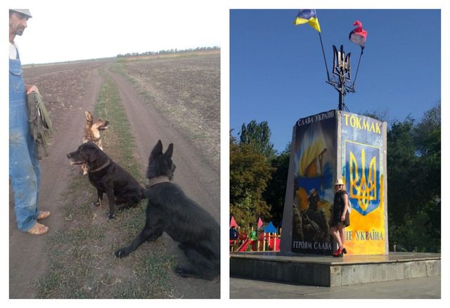 세르게이가 개 3마리와 시골길을 걷는 사진과 타티아나가 우크라이나 기념비 근처에 서 있는 사진