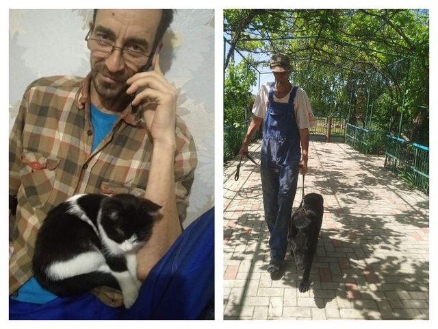 세르게이가 무릎 위에 고양이를 앉혀둔 사진, 세르게이가 개를 산책시키는 사진