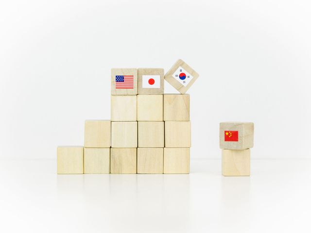 한미일과 중국 국기