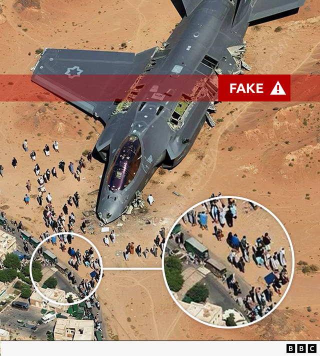 BBC 검증팀이 확인한 AI 조작 이미지의 화면 캡처. 거대한 전투기 주위를 사람들이 에워싸고 있고, 배경에는 작은 주택과 차량들이 보인다.