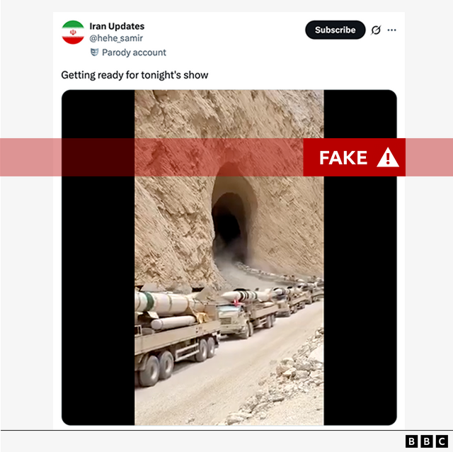 가짜 미사일을 보여주는 이미지. 미사일을 실은 트럭들이 산비탈에서 줄지어 나오고 있으며, 그 위에 '거짓(Fake)'이라는 문구가 크게 써있다. 