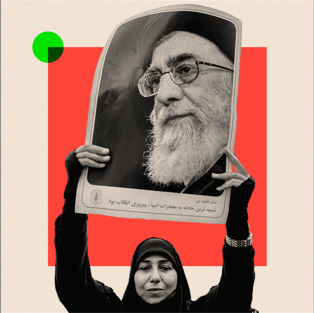 A woman holds up a poster of Iran's Supreme Leader
