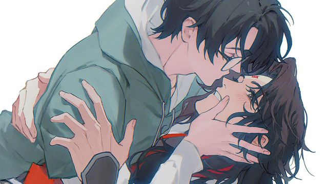 두 남성이 키스를 하려는 만화 장면