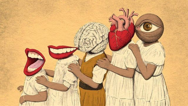 키 순서대로 줄을 선 어린이 5명의 모습. 얼굴은 입, 입술, 뇌, 심장, 눈으로 대체되어 있다