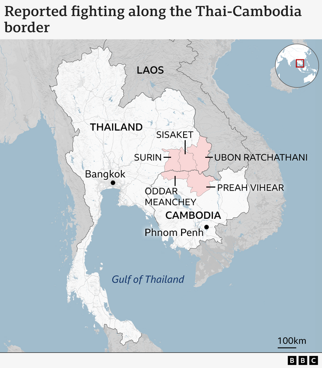 태국-캄보디아 분쟁 발생 지역 표시한 지도