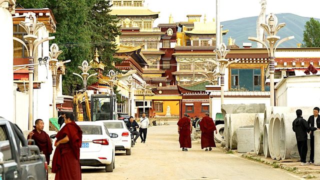 키르티 사원으로 향하는 길에 주차된 차들. 주변에 승려와 사람들이 있다.