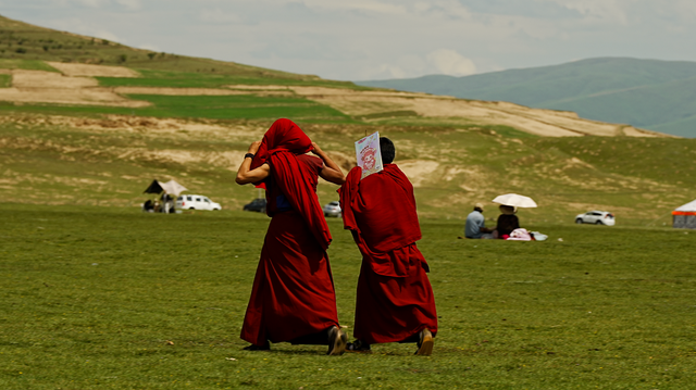따가운 햇살을 피하기 위해 얼굴을 가리고 걷고 있는 젊은 승려들