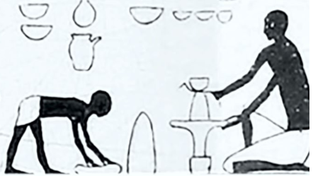 맨 위에는 조잡하게 그려진 그릇 8개가 있고, 그 아래 오른쪽에는 왼손으로 물레를 돌리며 그릇을 만드는 도공이 앉아 있다. 왼쪽에는 몸을 숙여 그릇을 들어올리려는 또 다른 인물이 묘사되어 있다