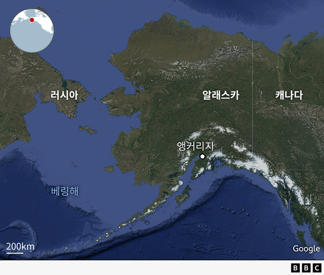 베링해, 알래스카, 러시아, 캐나다가 표시된 지도