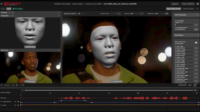 '플로우리스'에서 제공한 편집 소프트웨어가 배우의 연기를 다른 언어로 변환하는 과정을 보여주고 있다