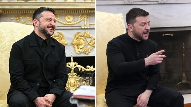 젤렌스키 대통령의 검은 양복을 입은 모습과 올해 2월 군복을 입은 모습