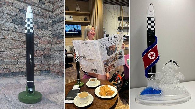 북한 미사일 모형, 카페에서 북한 신문을 들고 있는 관광객의 모습, 소형 미사일 모형 관광객