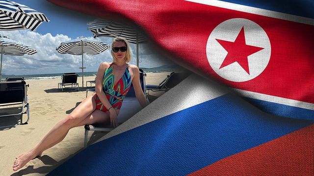 원산 갈마의 러시아인 관광객과 북한, 러시아 국기를 합성한 사진