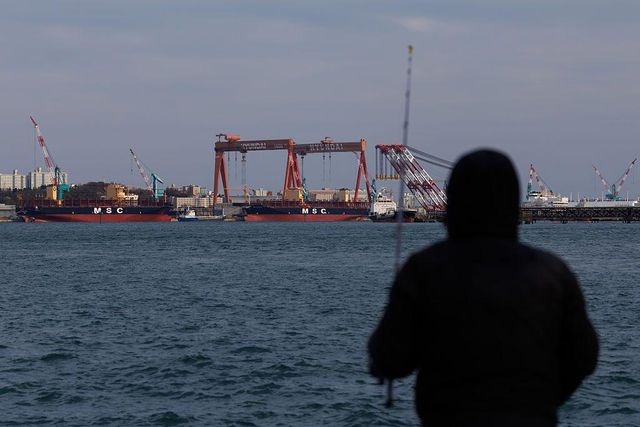 멀리서 조선소를 바라보는 한 사람의 뒷모습