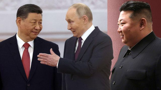 시진핑과 푸틴이 대화하는 모습을 김정은 위원장이 지켜보는 모습을 형상화한 이미지