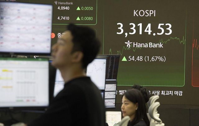 증시 모니터를 보고 있는 직원들