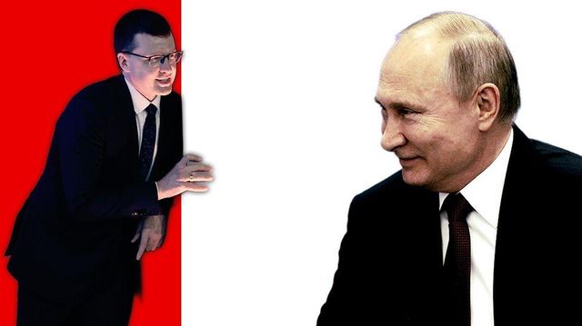 빨간색 배경 위에 파벨 자루빈의 콜라주가 흰색 배경 위에 손을 얹고 오른쪽으로 기울어져 있다. 그래픽 오른쪽에는 블라디미르 푸틴이 미소를 지으며 자루빈을 바라보고 있다. 흰색 배경은 푸틴 뒤에 펼쳐져 있다