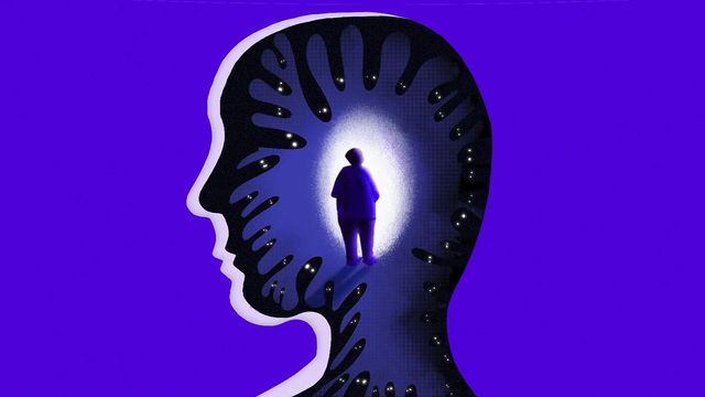 사람의 머리 속에 사람이 서 있는 모습을 그린 보랏빛 일러스트레이션.