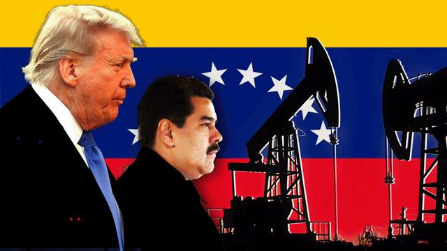 트럼프, 마두로, 석유 시추 시설, 베네수엘라 국기를 합성한 이미지