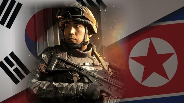 태극기, 인공기와 군인의 모습