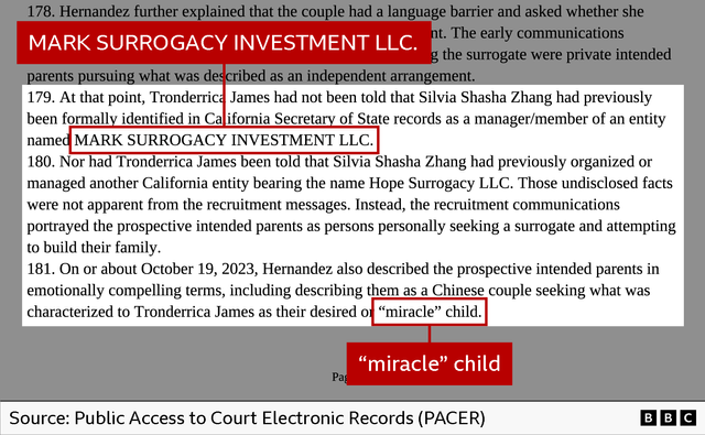 법원 판결문 일부. ‘마크 대리모 투자 유한회사(Mark Surrogacy Investment LLC)’와 ‘기적의’ 아이라는 문구가 빨간색으로 강조되어 있다