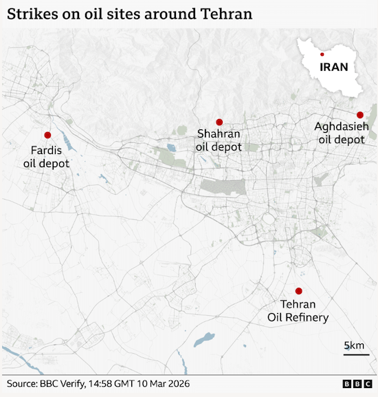 미사일 공습 피해를 입은 석유 시설 4곳의 위치를 표시한 지도. 파르디스, 샤흐란, 아그다시에 원유 저장소와 테헤란 정유공장