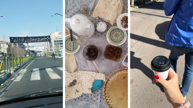 테헤란의 거의 텅 빈 도로, 이란의 한 가정집에서 차려진 식사, 커피잔을 들고 있는 여성의 손 사진