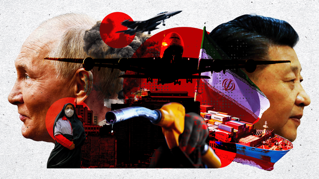 블라디미르 푸틴, 시진핑, 주유소, 컨테이너선, 전투기, 여객기, 이란 여성과 국기, 검은 기둥을 합성한 이미지