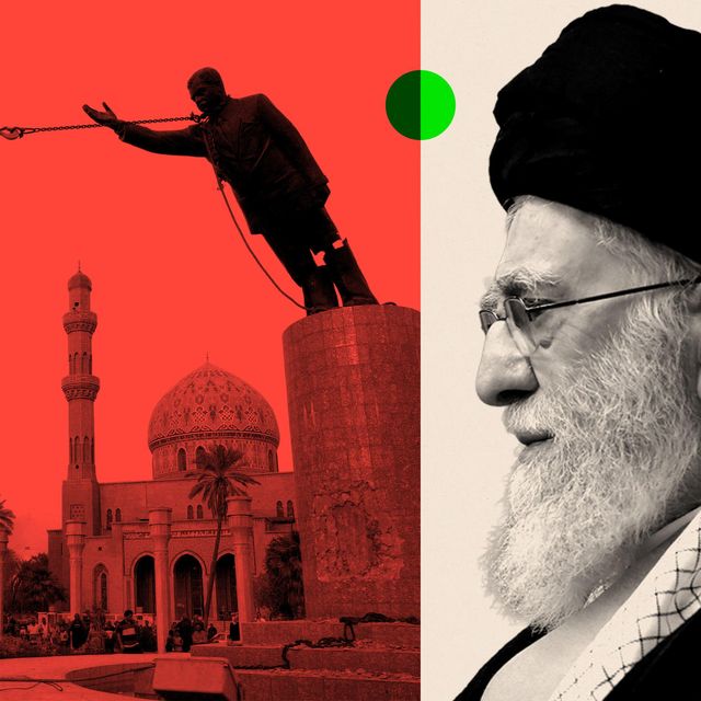 사담 후세인의 동상이 무너지는 사진과 아야톨라 알리 하메네이의 사진