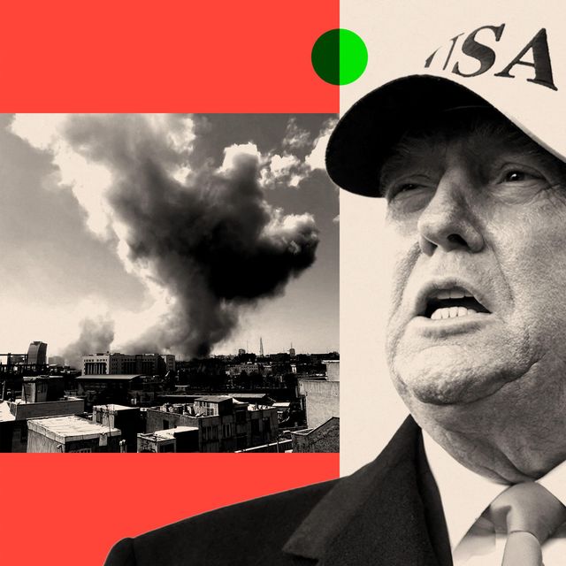 연기가 피어오르는 도시 사진, 'USA'라고 적힌 모자를 쓴 트럼프 사진