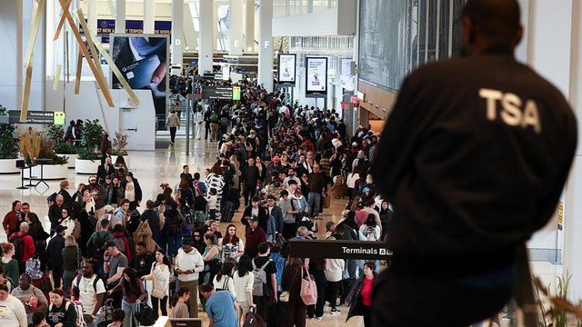 공항에 사람들이 북적이고 있다.