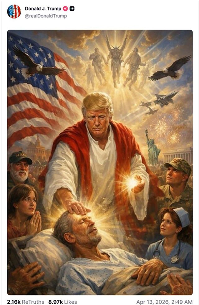 트럼프가 예수와 같은 모습으로 묘사돼 병자를 "치유"하는 장면이 담긴 AI 이미지