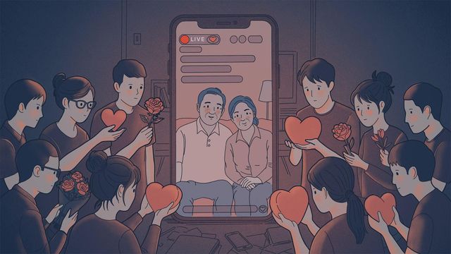 중년의 커플이 진행하는 라이브 방송에 하트를 보내는 청년들의 모습