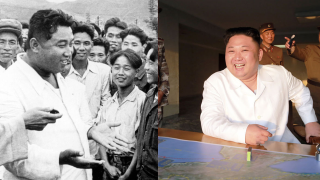 1967년 희천공작기계공장을 비공식 방문하여 노동자들과 담소를 나누는 김일성(왼쪽), 2017년 5월 김정은 위원장이 북한 내 미상의 장소에서 탄도미사일 시험 발사를 참관한 모습(오른쪽)