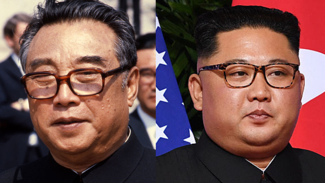 1980년 4월 1일자 김일성 주석(왼쪽)과 2018년 6월 12일 싱가포르 북미회담을 위해 현지에 도착한 후 사진 촬영에 응하는 김정은 국무위원장(오른쪽)