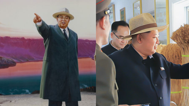 2008년 4월 16일 북한 평양에 걸려 있는 초상화 포스터 속 김일성 주석(왼쪽), 2015년 5월 북한 제1116호 농장을 방문한 김정은 위원장(오른쪽) 