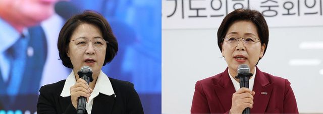 추미애 더불어민주당 경기도지사 후보(왼쪽)와 양향자 국민의힘 경기도지사 후보