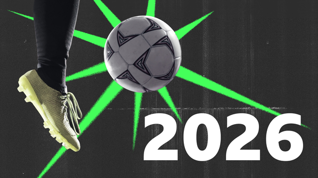 축구공을 차고 있는 선수의 발 모습 일러스트. 2026 숫자가 적혀있다.