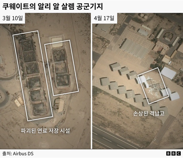 쿠웨이트의 알리 알 살렘 공군기지의 피해 상황(3월 10일자와 4월 17일자 위성사진)
