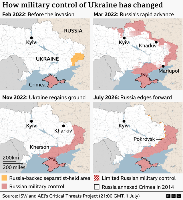 2022년 2월~2026년 7월 우크라이나 내 통제권 변화를 보여주는 지도