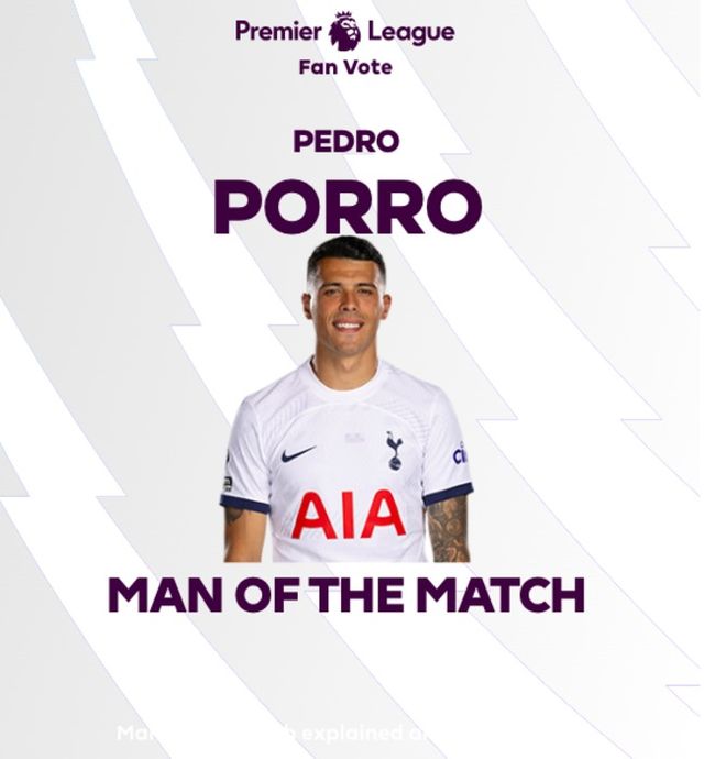 [사진=프리미어리그] 페드로 포로가 우측면을 지배했다. 공식 MOTM에도 선정됐다.