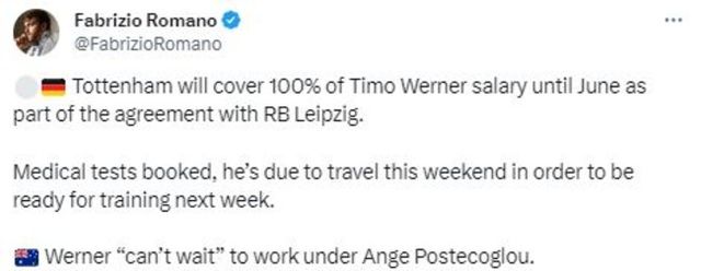 티모 베르너가 토트넘 훗스퍼에 입단하기 직전이다. 파브리시오 로마노와 플로리안 플레텐베르크 등 유력 기자들은 토트넘과 라이프치히가 남은 시즌 베르너 임대에 동의했으며, 메디컬 테스트까지 예약됐다고 전했다.[사진=파브리시오 로마노]