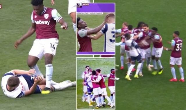 사진=스포츠 바이블/웨스트햄 유나이티드는 19일 오후 8시 30분(한국시간) 영국 런던에 위치한 토트넘 홋스퍼 스타디움에서 열린 2024-25시즌 프리미어리그(PL) 8라운드에서 토트넘 훗스퍼에 1-4로 패배했다.&nbsp;모하메드 쿠두스가 충격적인 폭력을 휘두르며 퇴장을 당했다.